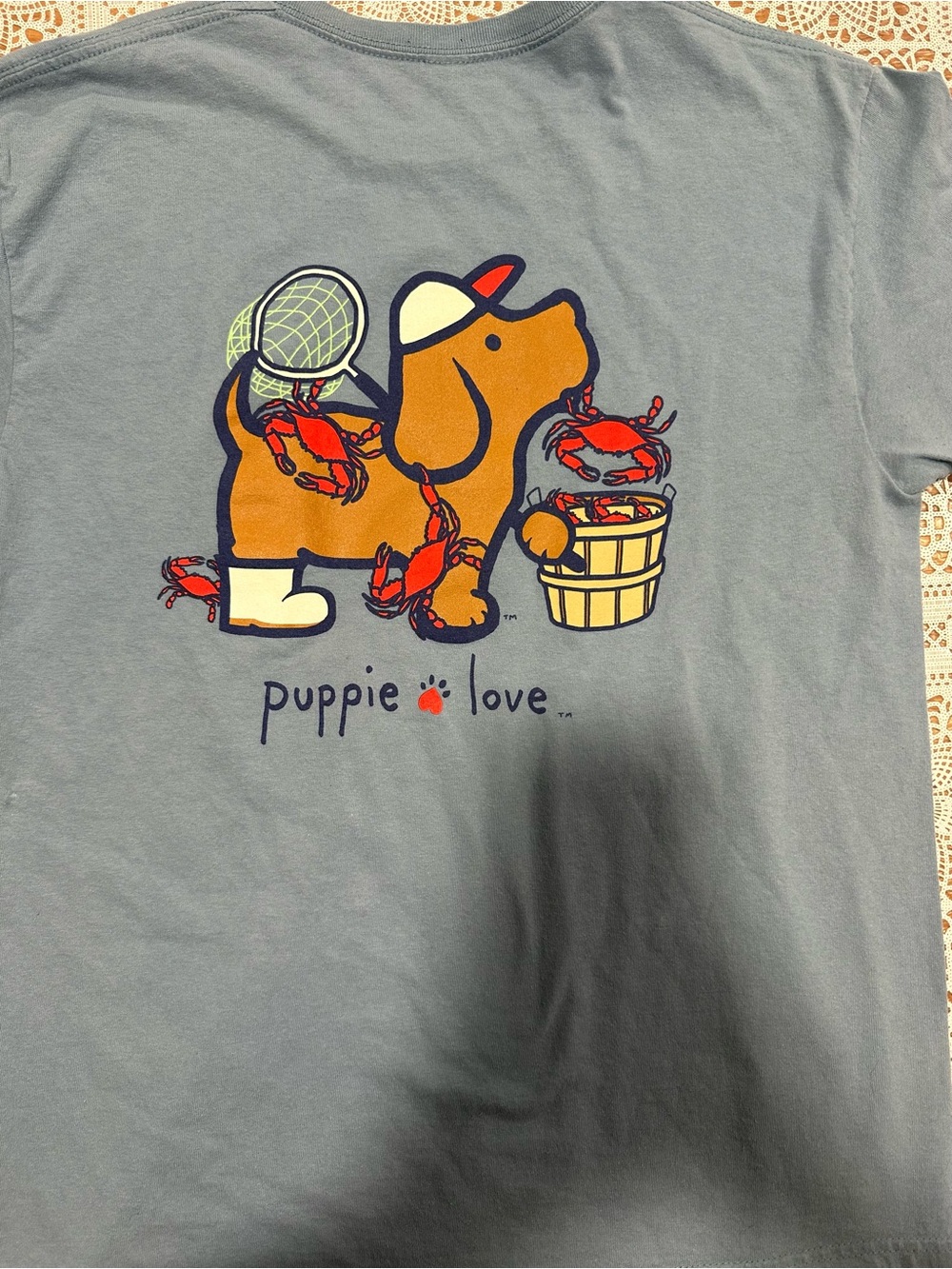 Puppie Love Crab Catching Dog Graphic T Shirt Gray Large Rescue Tee